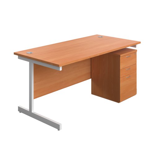 Single Upright Rectangular Desk + High Mobile Pedestal 3 Drawer (FSC) 1600 X 800 Beech/White