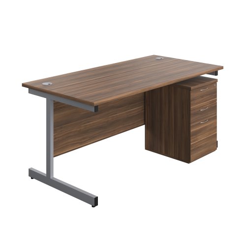 Single Upright Rectangular Desk + High Mobile Pedestal 3 Drawer (FSC) 1600 X 800 Dark Walnut/Silver