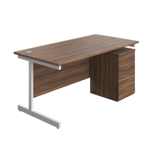 Single Upright Rectangular Desk + High Mobile Pedestal 3 Drawer (FSC) 1600 X 800 Dark Walnut/White