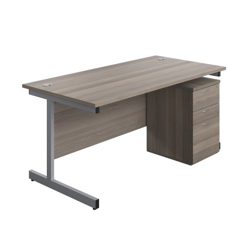 Single Upright Rectangular Desk + High Mobile Pedestal 3 Drawer (FSC) 1600 X 800 Grey Oak/Silver