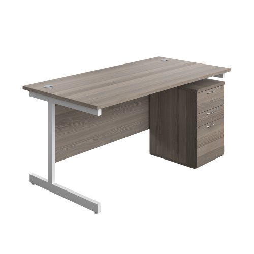 Single Upright Rectangular Desk + High Mobile Pedestal 3 Drawer (FSC) 1600 X 800 Grey Oak/White