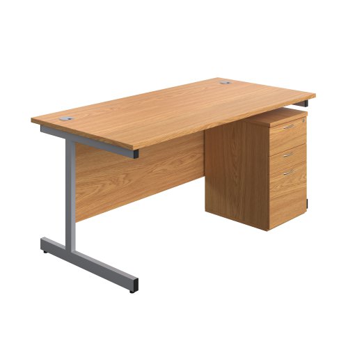 Single Upright Rectangular Desk + High Mobile Pedestal 3 Drawer (FSC) 1600 X 800 Nova Oak/Silver