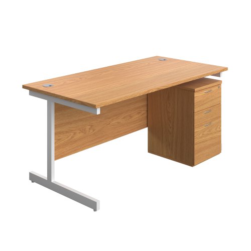 Single Upright Rectangular Desk + High Mobile Pedestal 3 Drawer (FSC) 1600 X 800 Nova Oak/White