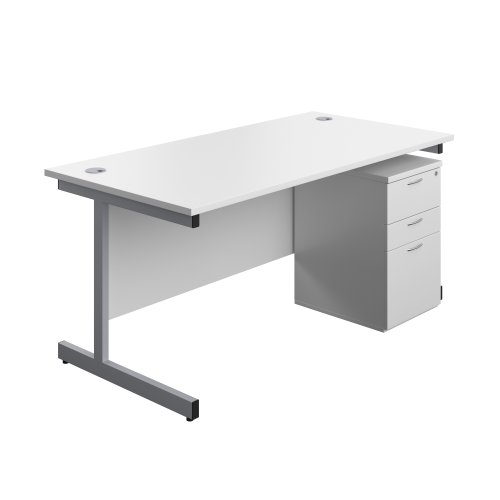 Single Upright Rectangular Desk + High Mobile Pedestal 3 Drawer (FSC) 1600 X 800 White/Silver