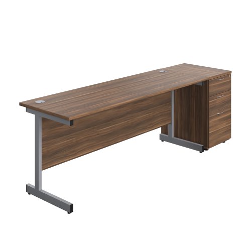 Single Upright Rectangular Desk + Desk High 3 Drawer Pedestal (FSC) 1800 X 600 Dark Walnut/Silver