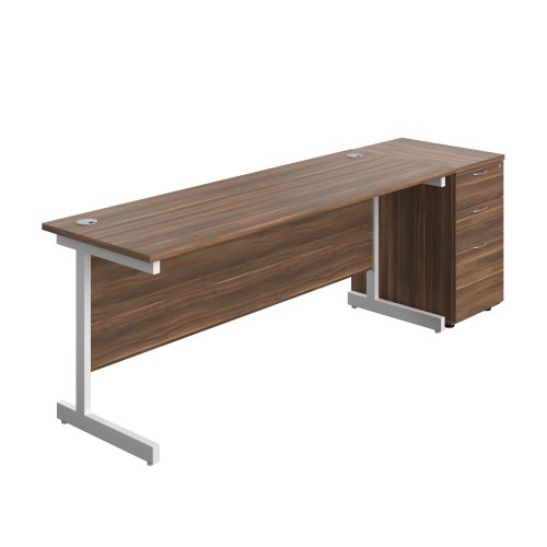 Single Upright Rectangular Desk + Desk High 3 Drawer Pedestal (FSC) 1800 X 600 Dark Walnut/White