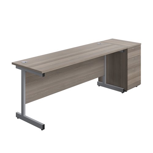 Single Upright Rectangular Desk + Desk High 3 Drawer Pedestal (FSC) 1800 X 600 Grey Oak/Silver