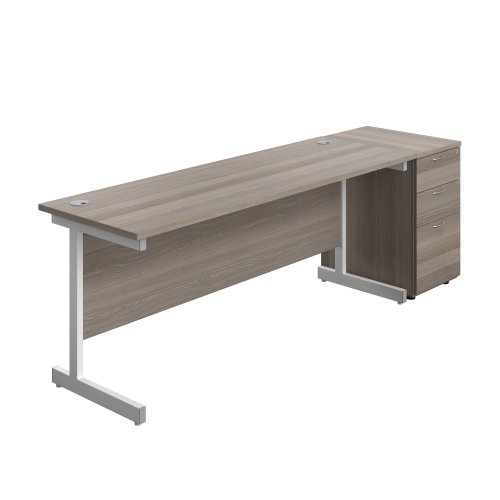 Single Upright Rectangular Desk + Desk High 3 Drawer Pedestal (FSC) 1800 X 600 Grey Oak/White