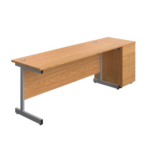Single Upright Rectangular Desk + Desk High 3 Drawer Pedestal (FSC) 1800 X 600 Nova Oak/Silver