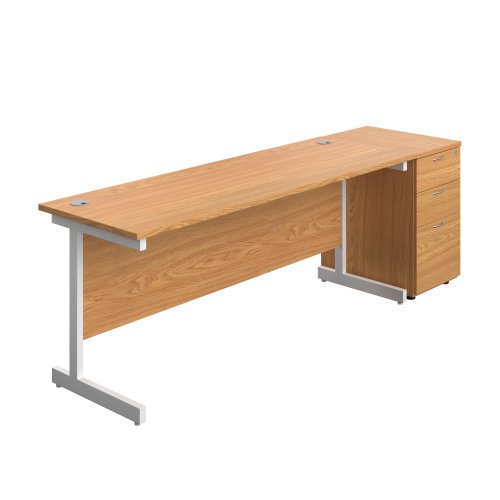 Single Upright Rectangular Desk + Desk High 3 Drawer Pedestal (FSC) 1800 X 600 Nova Oak/White