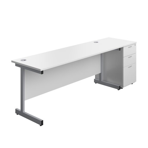 Single Upright Rectangular Desk + Desk High 3 Drawer Pedestal (FSC) 1800 X 600 White/Silver