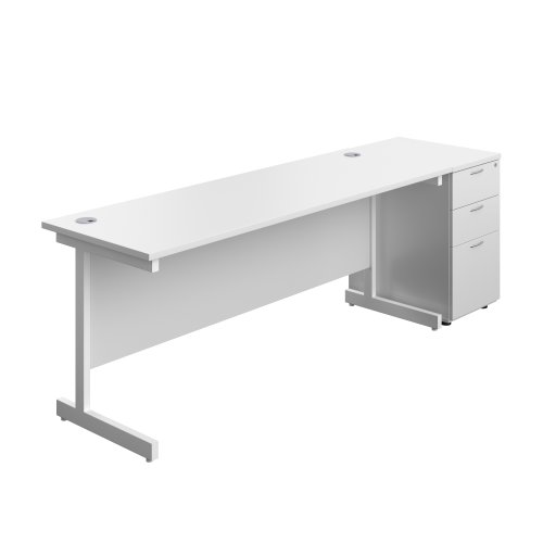 Single Upright Rectangular Desk + Desk High 3 Drawer Pedestal (FSC) 1800 X 600 White/White