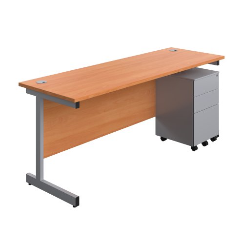 Single Upright Rectangular Desk + Under Desk Steel Pedestal 3 Drawers (FSC) 1800 X 600 Beech/Silver