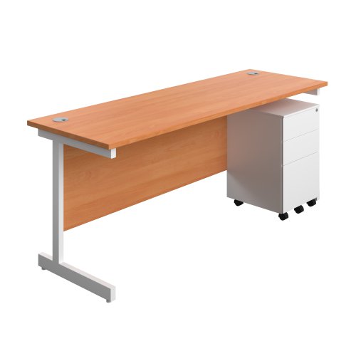 Single Upright Rectangular Desk + Under Desk Steel Pedestal 3 Drawers (FSC) 1800 X 600 Beech/White