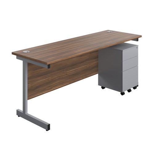 Single Upright Rectangular Desk + Under Desk Steel Pedestal 3 Drawers (FSC) 1800 X 600 Dark Walnut/Silver
