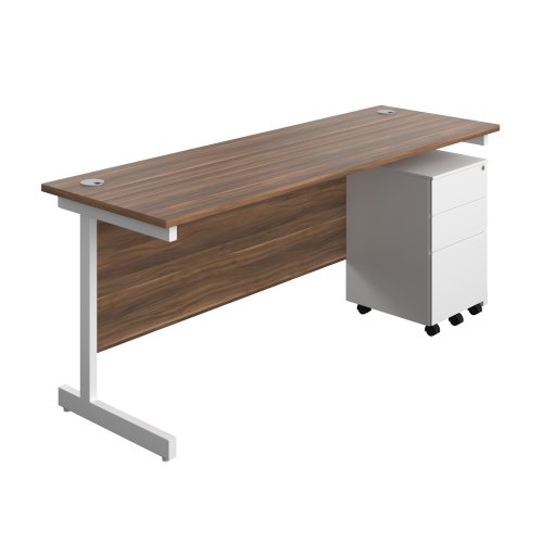 Single Upright Rectangular Desk + Under Desk Steel Pedestal 3 Drawers (FSC) 1800 X 600 Dark Walnut/White