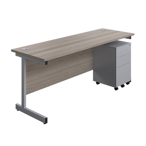 Single Upright Rectangular Desk + Under Desk Steel Pedestal 3 Drawers (FSC) 1800 X 600 Grey Oak/Silver