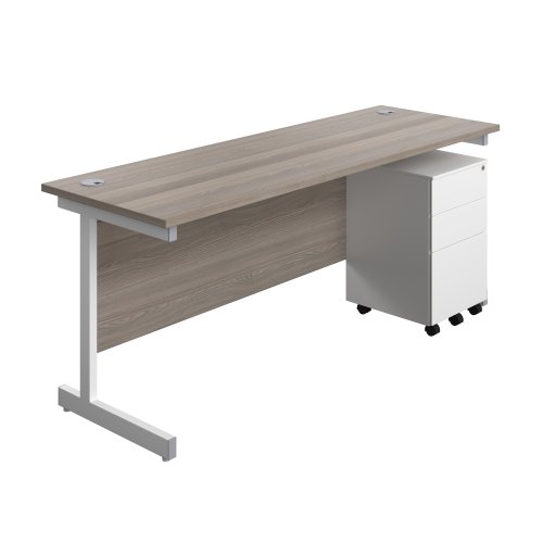 Single Upright Rectangular Desk + Under Desk Steel Pedestal 3 Drawers (FSC) 1800 X 600 Grey Oak/White