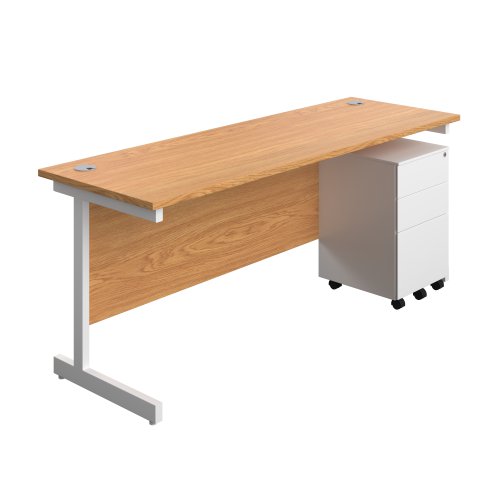 Single Upright Rectangular Desk + Under Desk Steel Pedestal 3 Drawers (FSC) 1800 X 600 Nova Oak/White