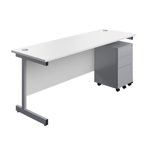 Single Upright Rectangular Desk + Under Desk Steel Pedestal 3 Drawers (FSC) 1800 X 600 White/Silver