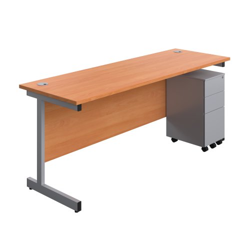 Single Upright Rectangular Desk + Slimline Steel Pedestal 3 Drawers (FSC) 1800 X 600 Beech/Silver