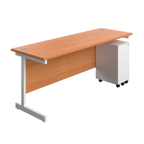 Single Upright Rectangular Desk + Slimline Steel Pedestal 3 Drawers (FSC) 1800 X 600 Beech/White