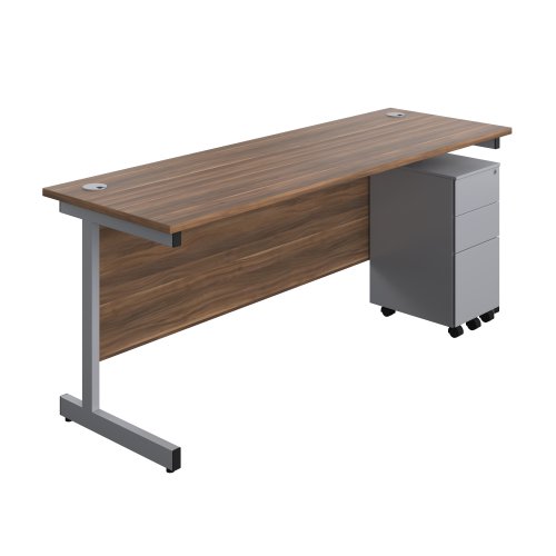 Single Upright Rectangular Desk + Slimline Steel Pedestal 3 Drawers (FSC) 1800 X 600 Dark Walnut/Silver