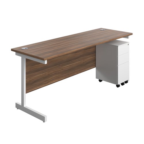 Single Upright Rectangular Desk + Slimline Steel Pedestal 3 Drawers (FSC) 1800 X 600 Dark Walnut/White
