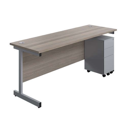Single Upright Rectangular Desk + Slimline Steel Pedestal 3 Drawers (FSC) 1800 X 600 Grey Oak/Silver