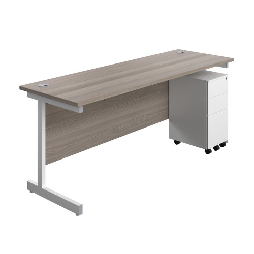 Single Upright Rectangular Desk + Slimline Steel Pedestal 3 Drawers (FSC) 1800 X 600 Grey Oak/White