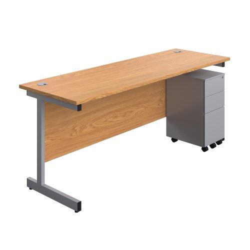 Single Upright Rectangular Desk + Slimline Steel Pedestal 3 Drawers (FSC) 1800 X 600 Nova Oak/Silver