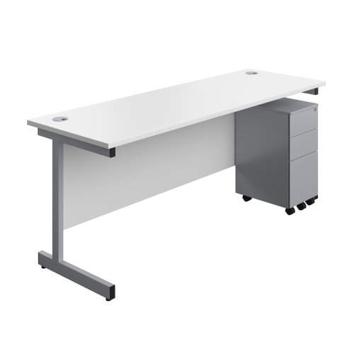 Single Upright Rectangular Desk + Slimline Steel Pedestal 3 Drawers (FSC) 1800 X 600 White/Silver