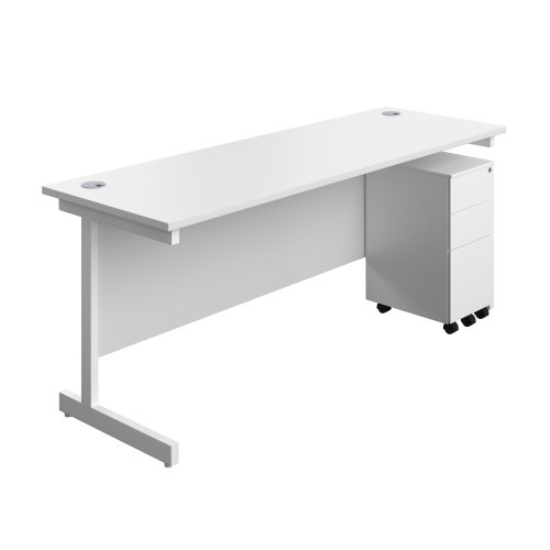 Single Upright Rectangular Desk + Slimline Steel Pedestal 3 Drawers (FSC) 1800 X 600 White/White