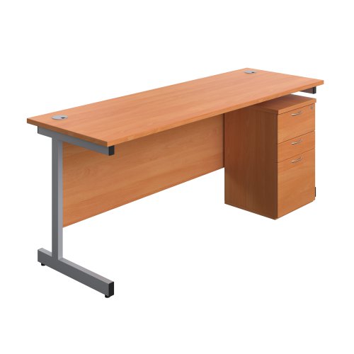 Single Upright Rectangular Desk + High Mobile Pedestal 3 Drawer (FSC) 1800 X 600 Beech/Silver
