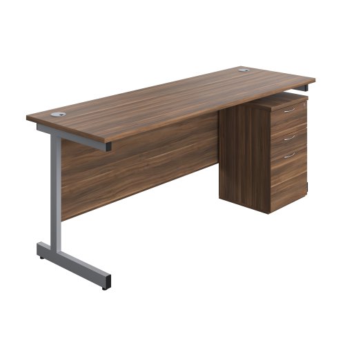 Single Upright Rectangular Desk + High Mobile Pedestal 3 Drawer (FSC) 1800 X 600 Dark Walnut/Silver