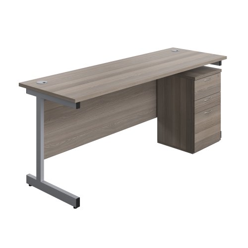 Single Upright Rectangular Desk + High Mobile Pedestal 3 Drawer (FSC) 1800 X 600 Grey Oak/Silver