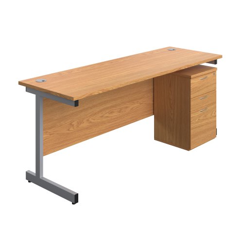 Single Upright Rectangular Desk + High Mobile Pedestal 3 Drawer (FSC) 1800 X 600 Nova Oak/Silver