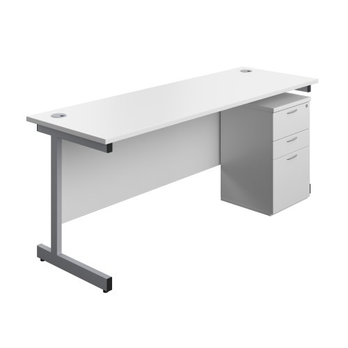 Single Upright Rectangular Desk + High Mobile Pedestal 3 Drawer (FSC) 1800 X 600 White/Silver