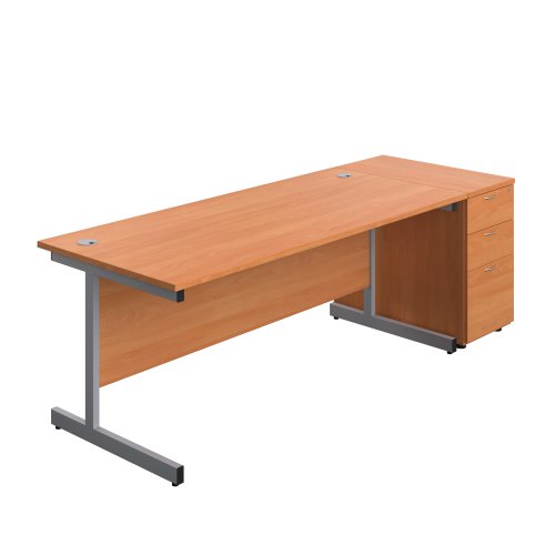 Single Upright Rectangular Desk + Desk High 3 Drawer Pedestal (FSC) 1800 X 800 Beech/Silver