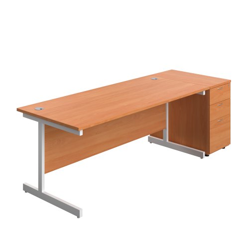 Single Upright Rectangular Desk + Desk High 3 Drawer Pedestal (FSC) 1800 X 800 Beech/White