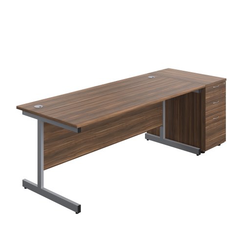 Single Upright Rectangular Desk + Desk High 3 Drawer Pedestal (FSC) 1800 X 800 Dark Walnut/Silver