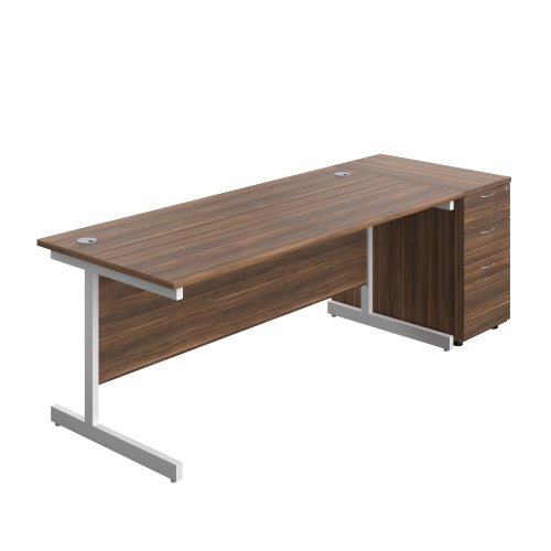 Single Upright Rectangular Desk + Desk High 3 Drawer Pedestal (FSC) 1800 X 800 Dark Walnut/White
