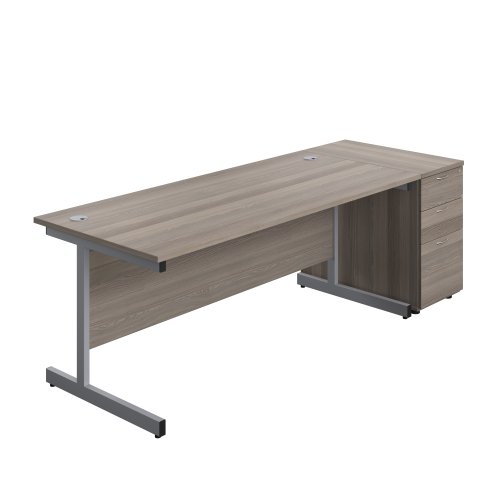 Single Upright Rectangular Desk + Desk High 3 Drawer Pedestal (FSC) 1800 X 800 Grey Oak/Silver
