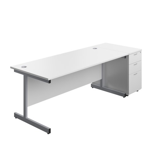 Single Upright Rectangular Desk + Desk High 3 Drawer Pedestal (FSC) 1800 X 800 White/Silver