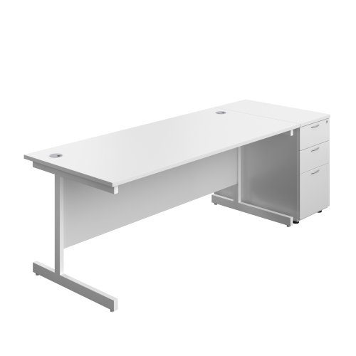 Single Upright Rectangular Desk + Desk High 3 Drawer Pedestal (FSC) 1800 X 800 White/White