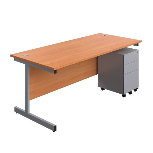Single Upright Rectangular Desk + Under Desk Steel Pedestal 3 Drawers (FSC) 1800 X 800 Beech/Silver