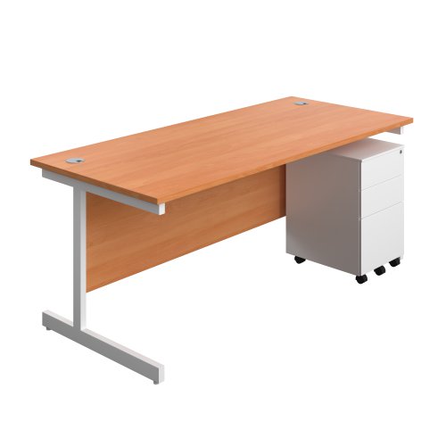 Single Upright Rectangular Desk + Under Desk Steel Pedestal 3 Drawers (FSC) 1800 X 800 Beech/White