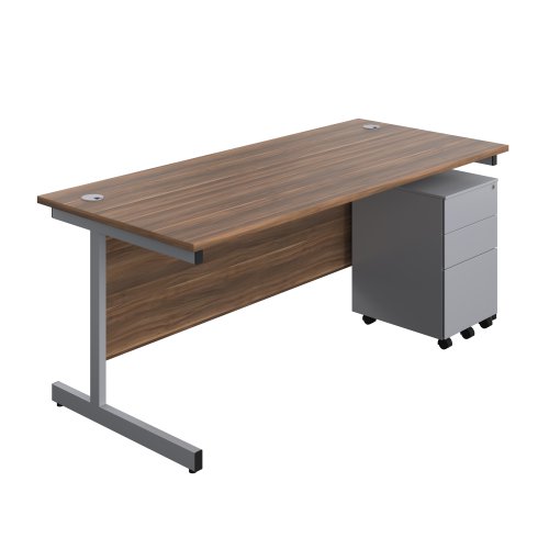 Single Upright Rectangular Desk + Under Desk Steel Pedestal 3 Drawers (FSC) 1800 X 800 Dark Walnut/Silver