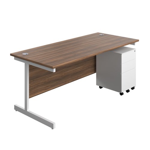 Single Upright Rectangular Desk + Under Desk Steel Pedestal 3 Drawers (FSC) 1800 X 800 Dark Walnut/White