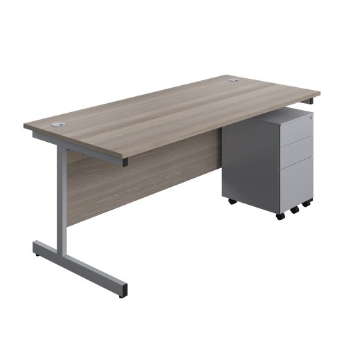 Single Upright Rectangular Desk + Under Desk Steel Pedestal 3 Drawers (FSC) 1800 X 800 Grey Oak/Silver